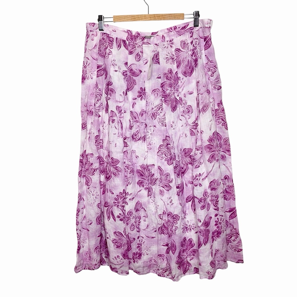 J Jill Floral Linen Midi Skirt Womens Size 14 Tropical Resort Artsy Vacation